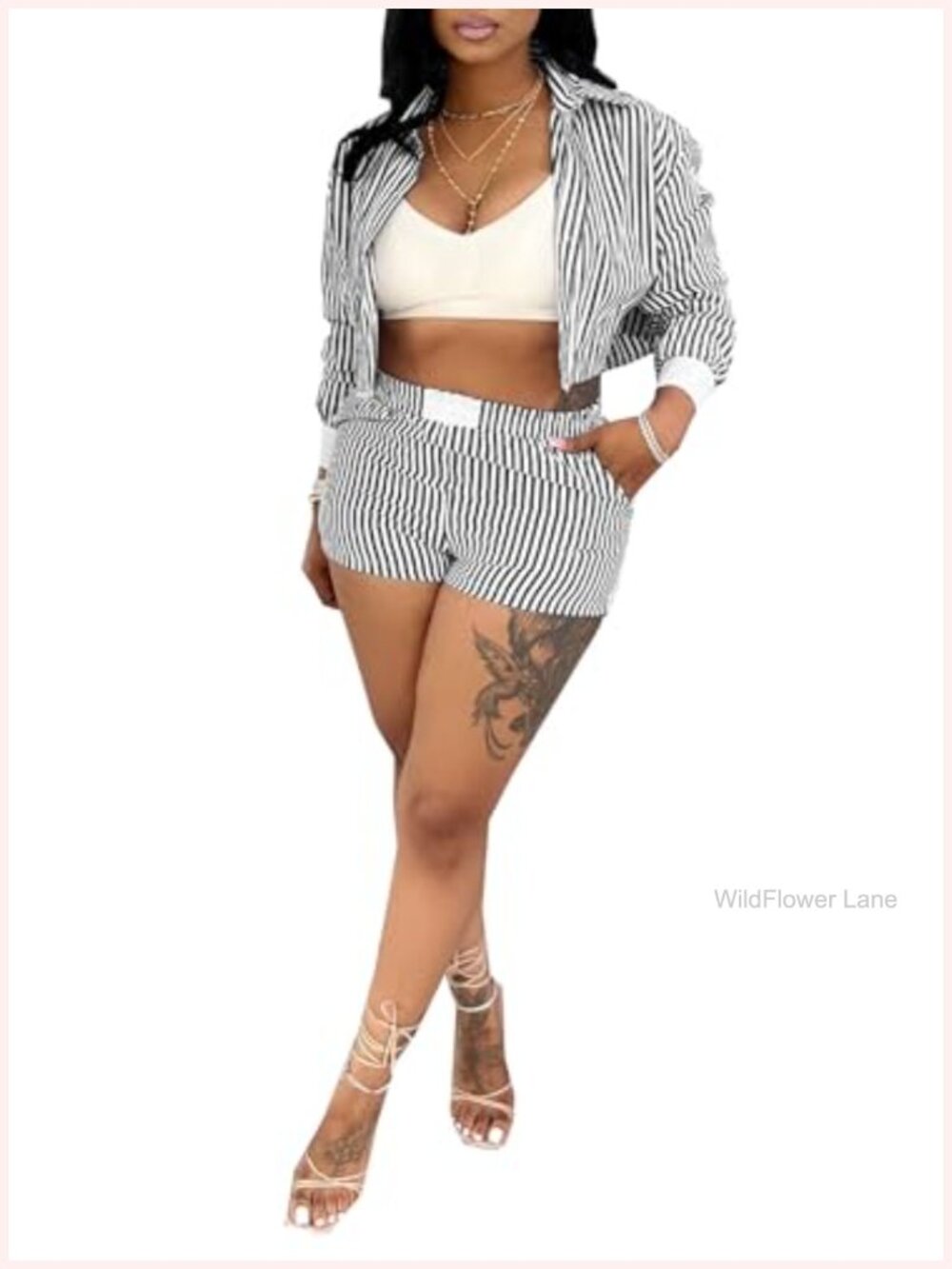 Striped 2 Piece Short Set, Long Sleeve Button Down Crop Top, High Waisted